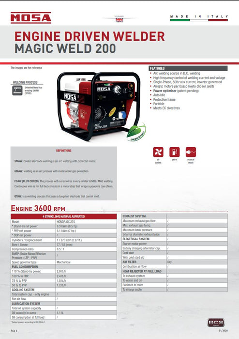 MOSA Magicweld 200 - 230v Portable Engine Driven Welder