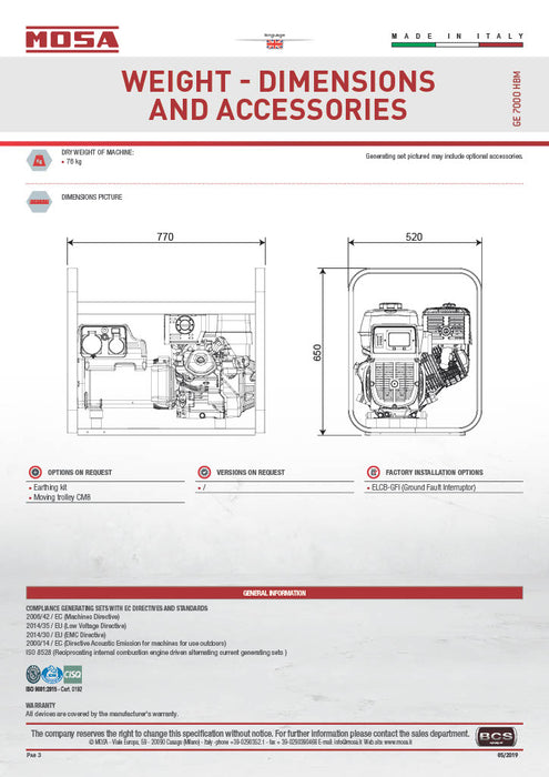Mosa - GE 7000 HBM-L AVR Open Range Silenced - Petrol Single Ranged Generator Set